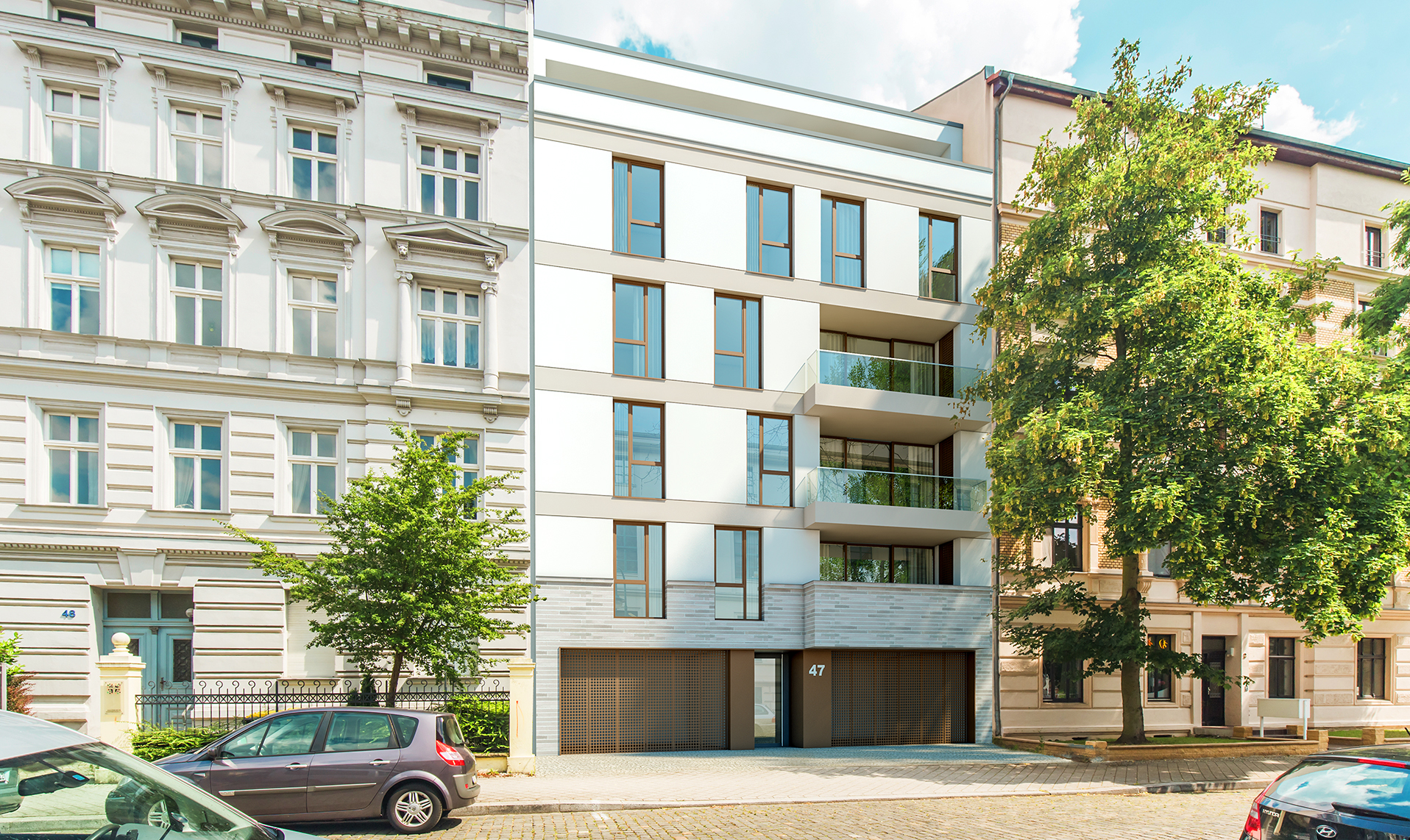 Modernes Stadthaus neben klassischen Gebäuden in Magdeburg, Hausnummer 47.